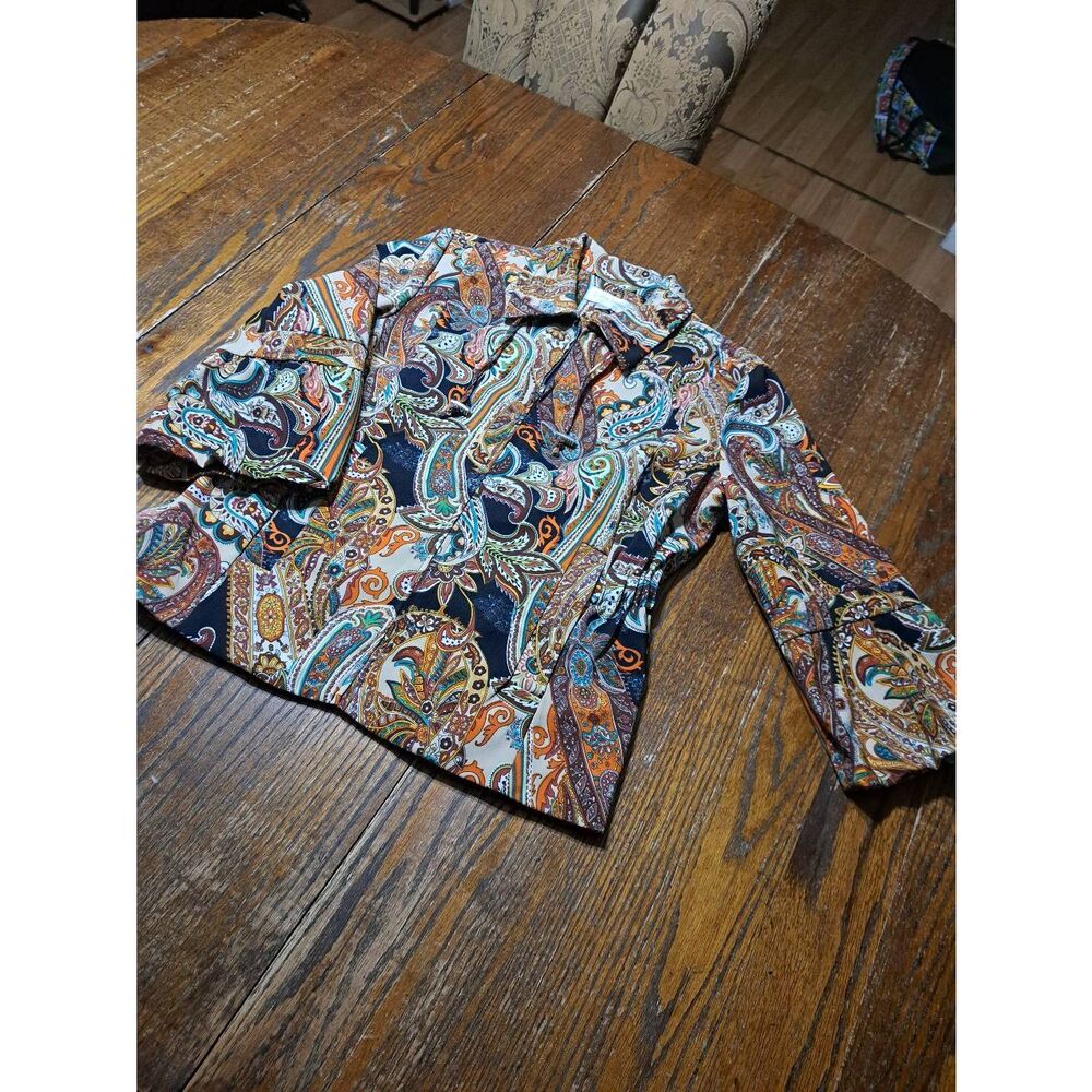 Medium Erin Jordon Paisley Floral Full Zip Blazer Jacket 3/4 Ruffle Sleeve